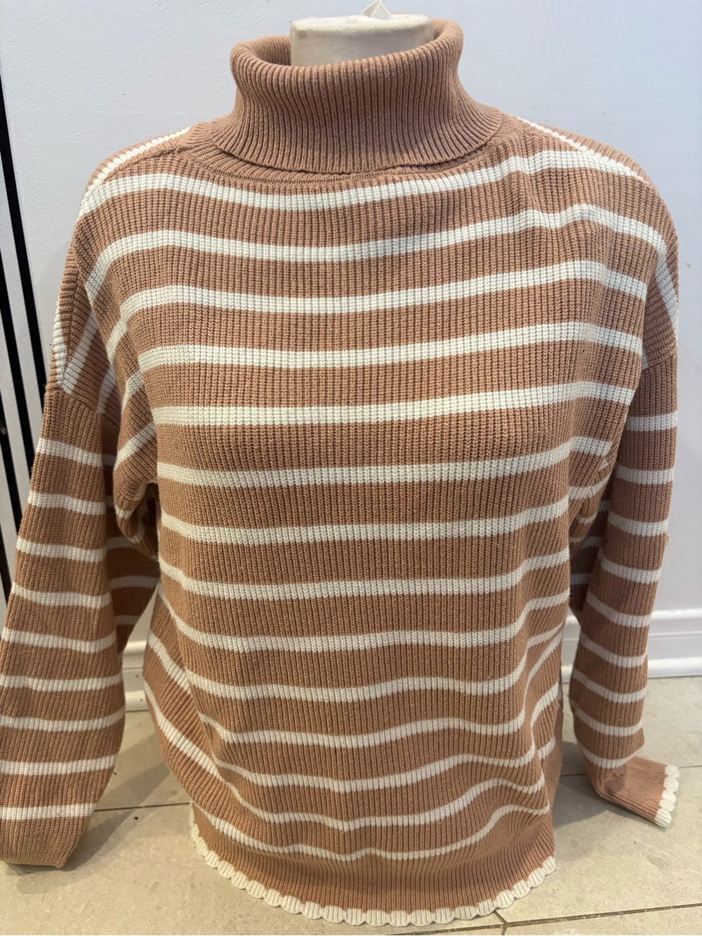 Striped Turtleneck Sweater in Camel and Cream